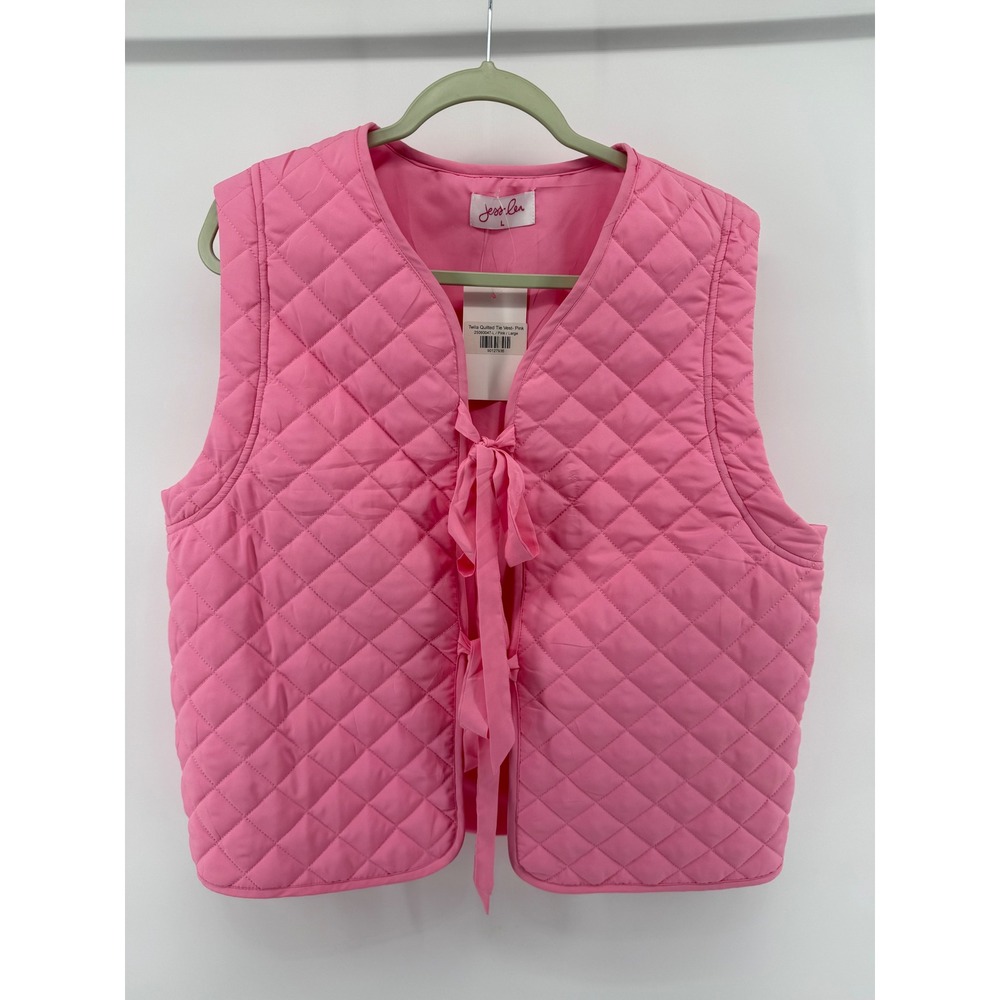 Jess Lea Women's Large Twila Quilted Tie Vest Pink Diamond Pattern Sleeveless - Picture 9 of 9
